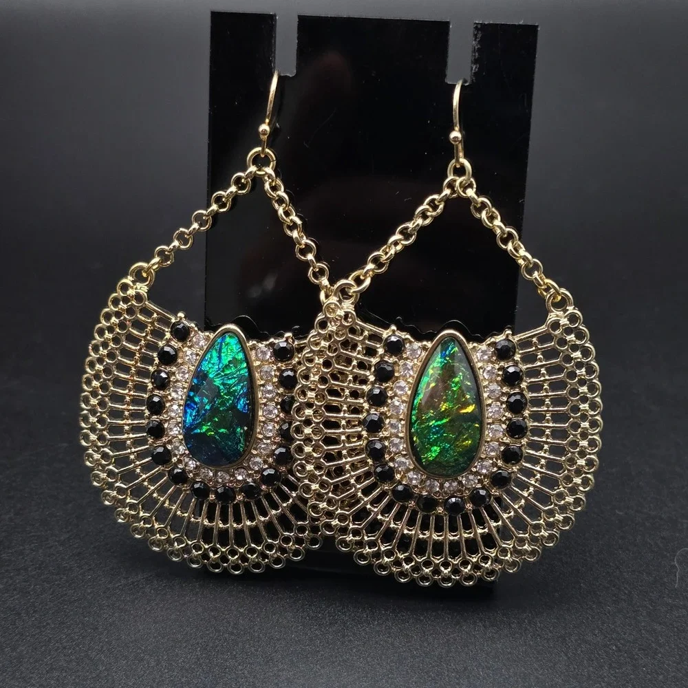Blue Green Iridescent Earrings GOld Tone Statement Fan Shape